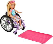 Load image into Gallery viewer, Barbie Chelsea Doll & Wheelchair, with Chelsea Doll (Blonde) Skirt & Sunglasses