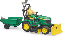 Load image into Gallery viewer, John Deere lawn tractor with trailer and gardener
