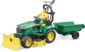 John Deere lawn tractor with trailer and gardener