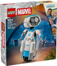 Load image into Gallery viewer, Close-up of LEGO H.E.R.B.I.E.’s head showing arrows for the turning head and rotating tape-recorder eyes
