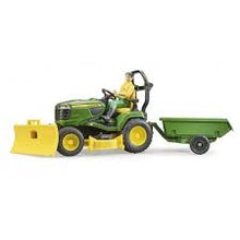 Load image into Gallery viewer, John Deere lawn tractor with trailer and gardener

