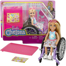 Load image into Gallery viewer, Barbie Chelsea Doll &amp; Wheelchair, with Chelsea Doll (Blonde) Skirt &amp; Sunglasses
