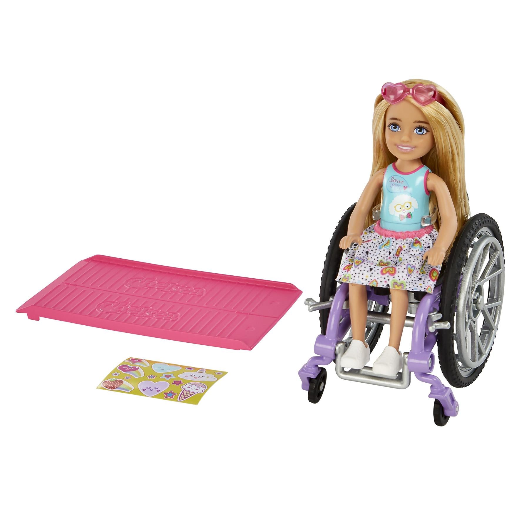 Barbie Chelsea Doll & Wheelchair, with Chelsea Doll (Blonde) Skirt & Sunglasses
