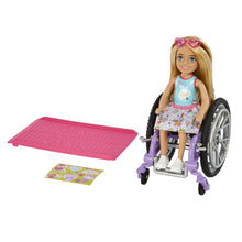 Load image into Gallery viewer, Barbie Chelsea Doll &amp; Wheelchair, with Chelsea Doll (Blonde) Skirt &amp; Sunglasses
